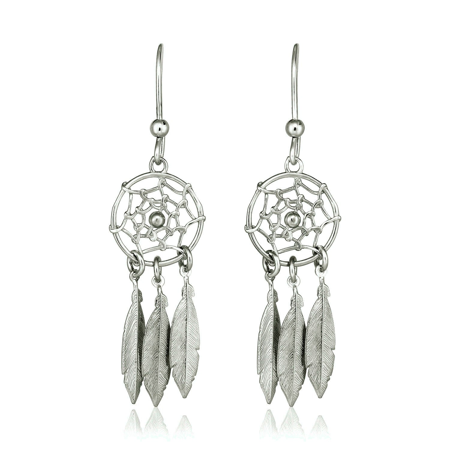 Sterling Silver Dream Catcher Dangle Earrings in a sleek high-contrast midnight luxury editorial style